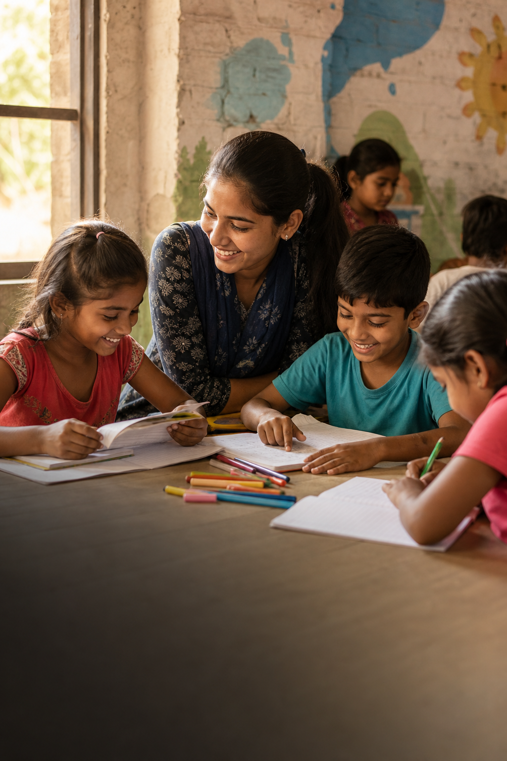 Children learning with a Bharte Kadam Foundation community facilitator